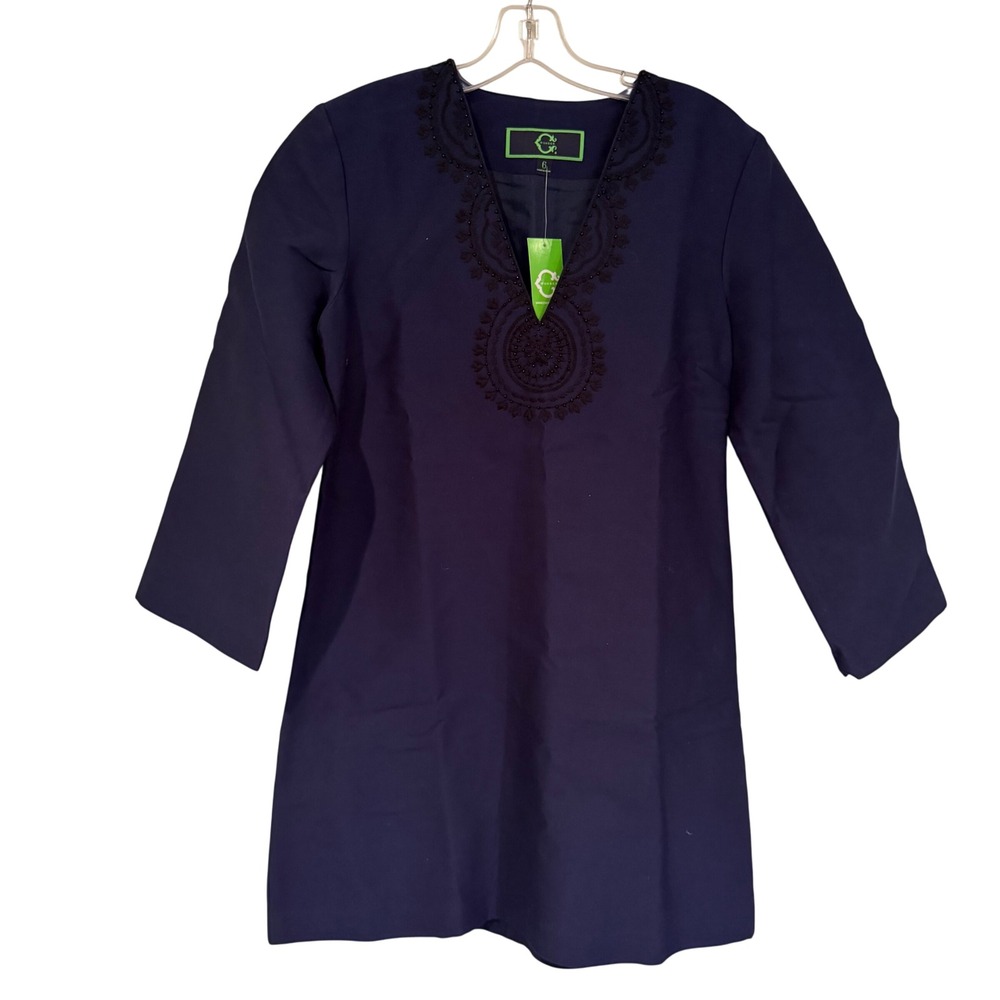 C Wonder Embellished V-Neck Dress 3/4 Sleeves Womens 6 Indigo Boho Career Preppy